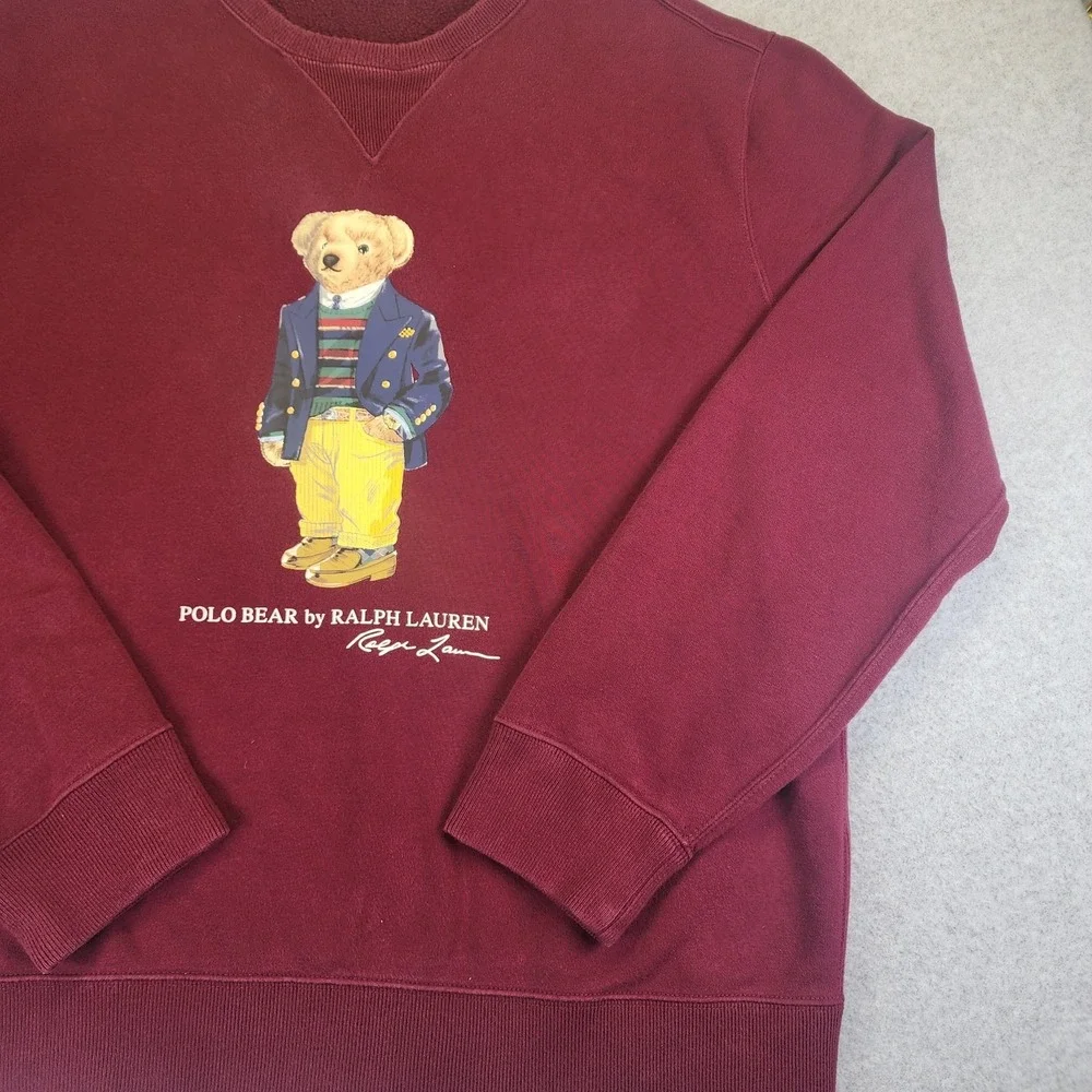 Polo Ralph Lauren Bear Mens Large Crewneck Fleece Sweater Sweatshirt Burgundy - Picture 4 of 9